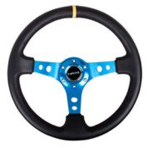 NRG - NRG Reinforced Steering Wheel (350mm / 3in. Deep) Blk Leather w/Blue Cutout Spoke & Single Yellow CM - RST-006BL-Y - MST Motorsports