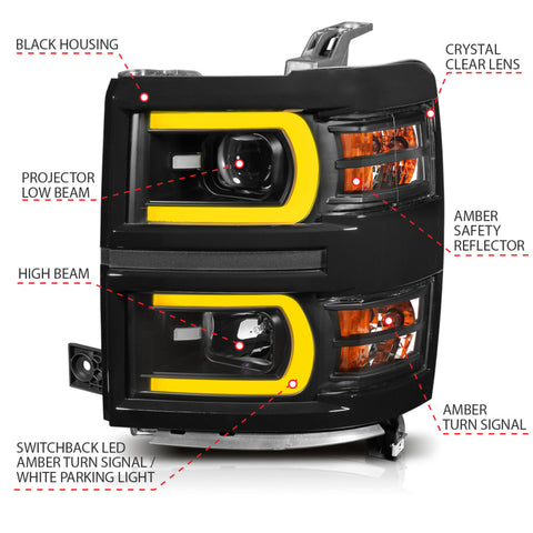 ANZO - Projector Headlights w/ Plank Style Switchback Black w/ Amber - 111412 - MST Motorsports